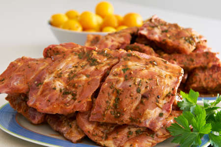 Marinade ribs prepared to be grilled in the barbecueの写真素材