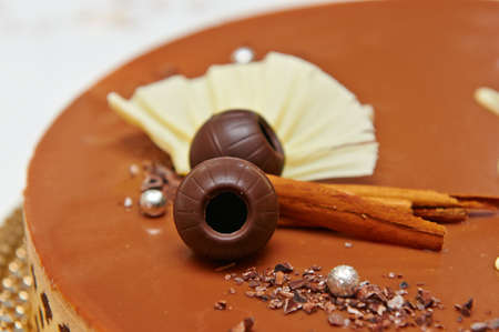 Chocolate cake with a chocolate ball and cinnamon の写真素材