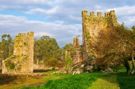 Ruins of the towers of the west in the early morning, Catoira, Spainの写真素材