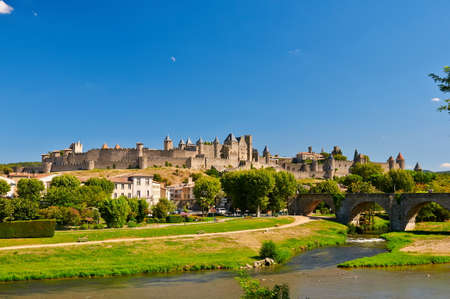 The ancient Citte of Carcassonne in France and Aude Riverのeditorial素材