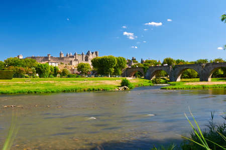 The ancient Citte of Carcassonne in France and Aude Riverのeditorial素材