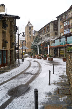 It is snowing on the town of Ordino, Andorraの写真素材