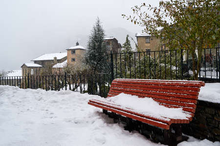 It is snowing on the town of Ordino, Andorraの写真素材