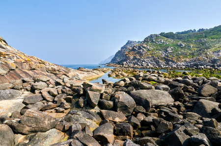 Rocks pn Cies Islands seaside. Vigo, Pontevedra Spainの写真素材