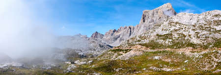 Foggy day at Picos de Europs national park at Fuente Deの写真素材