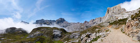 Foggy day at Picos de Europs national park at Fuente Deの写真素材