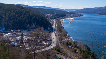 Yenisei River, Krasnoyarsk Krai. On the left bank is the village of Sliznevo. Krasnoyarsk Mountains.の写真素材