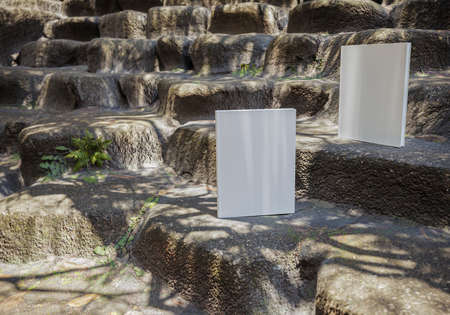 Blank book model on ancient ruins, notebook mockup, mockup on nature background 06