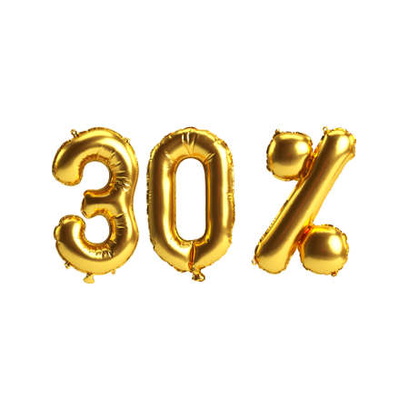 30% with 3d illustration golden balloons isolated on white
