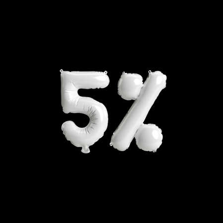 3d illustration of white balloons 5%-shape isolated on black backgroundの写真素材