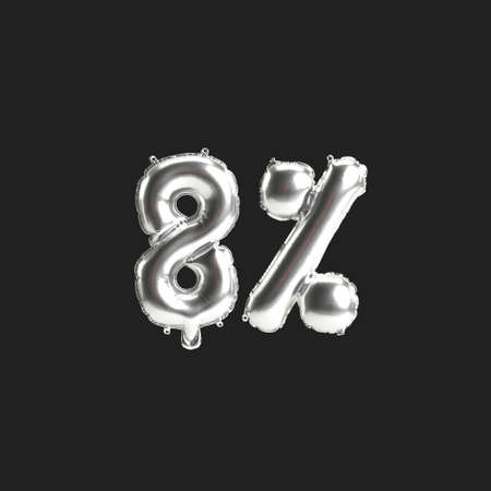 3d illustration of silver balloons 8%-shape isolated on black backgroundの写真素材