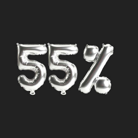 3d illustration of silver balloons 55%-shape isolated on black backgroundの写真素材