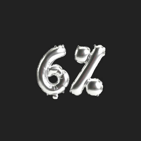 3d illustration of silver balloons 6%-shape isolated on black background