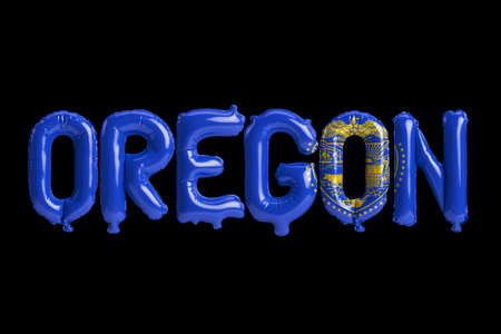 3d illustration of Oregon-letter balloons with state flag colors isolated on black backgroundの写真素材
