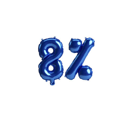 3d illustration of 8 percent blue balloons isolated on white backgroundの写真素材