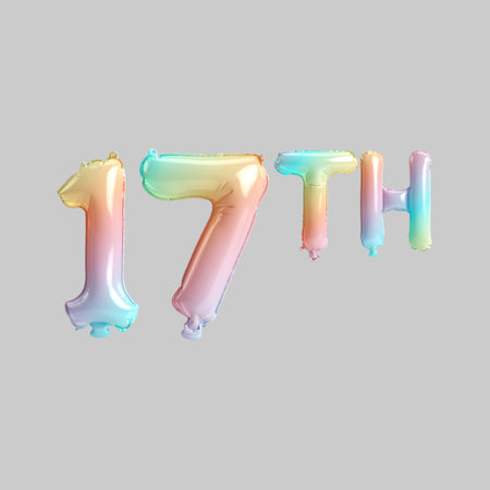 3d illustration of 17th rainbow balloons for kids store sales isolated on gray backgroundの写真素材