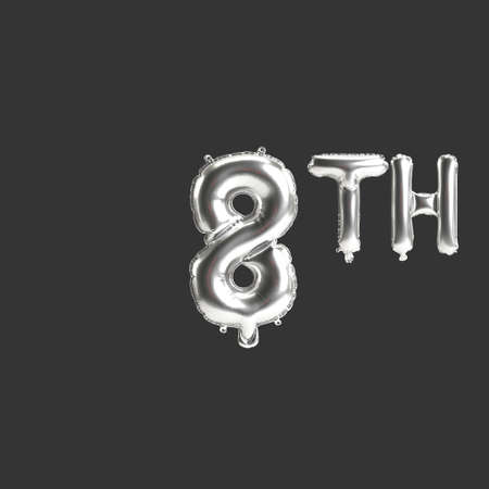 3d illustration of 8th silver balloons isolated on dark background