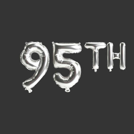3d illustration of 95th silver balloons isolated on dark background