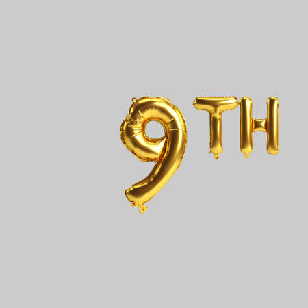 3d illustration of 9th golden balloons isolated on white background