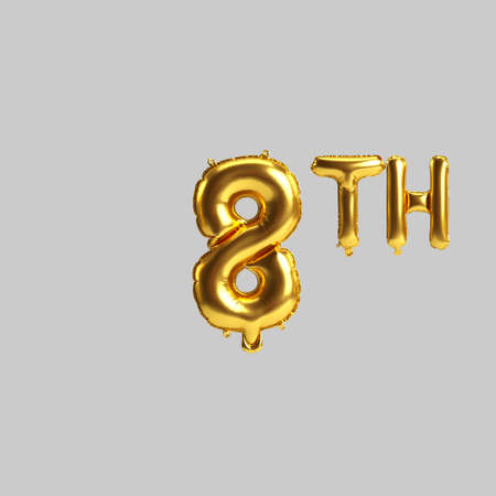 3d illustration of 8th golden balloons isolated on white background