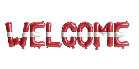 3d illustration of welcome-letter balloons in Latvia flag isolated on white backgroundの写真素材