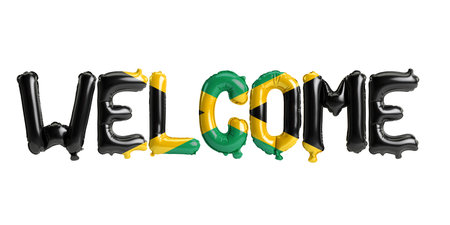 3d illustration of welcome-letter balloons in Jamaica flag isolated on white backgroundの写真素材