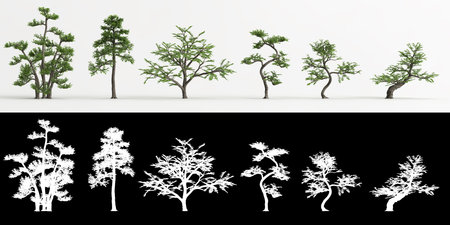 3d illustration of set Zanthoxylum piperitum bonsai isolated on white and its maskの写真素材