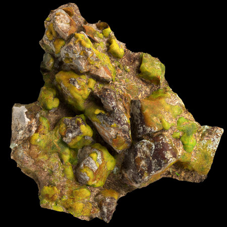 3d illustration of moss covered rocks, placed on moss shelf isolated on black background top view