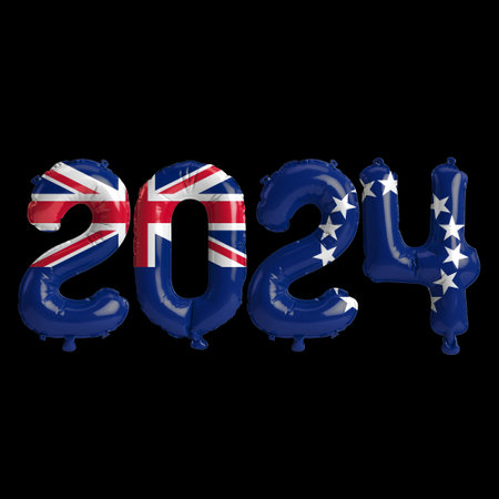 3d illustration of letter about new year 2024 with balloons on color Cook Islands flag