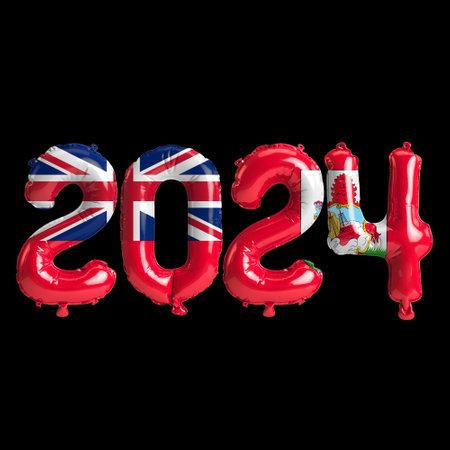3d illustration of letter about new year 2024 with balloons on color Bermuda flagの写真素材