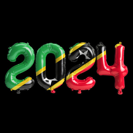 3d illustration of letter about new year 2024 with balloons on color Saint Kitts and Nevis flagの写真素材