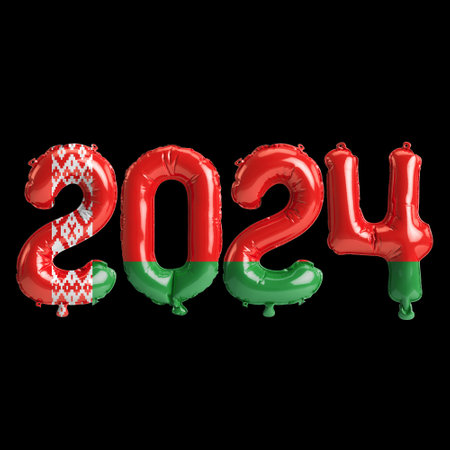 3d illustration of letter about new year 2024 with balloons on color Belarus flagの写真素材