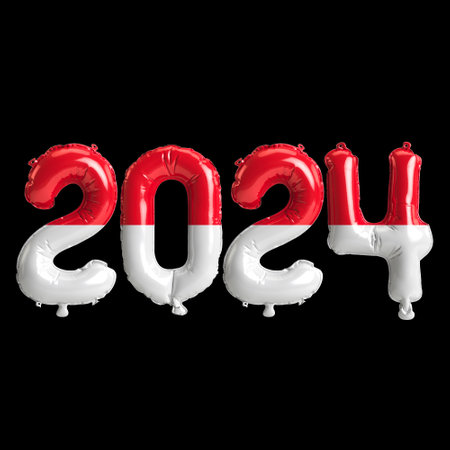 3d illustration of letter about new year 2024 with balloons on color Monaco flagの写真素材