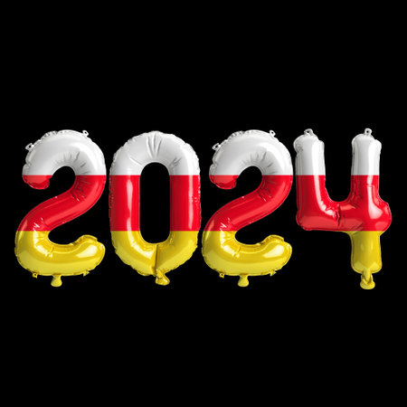 3d illustration of letter about new year 2024 with balloons on color South Ossetia flagの写真素材