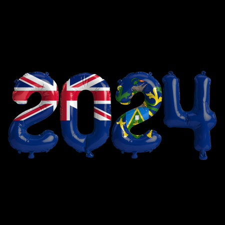 3d illustration of letter about new year 2024 with balloons on color Pitcairn Islands flagの写真素材