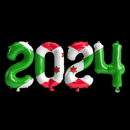 3d illustration of letter about new year 2024 with balloons on color Burundi flag