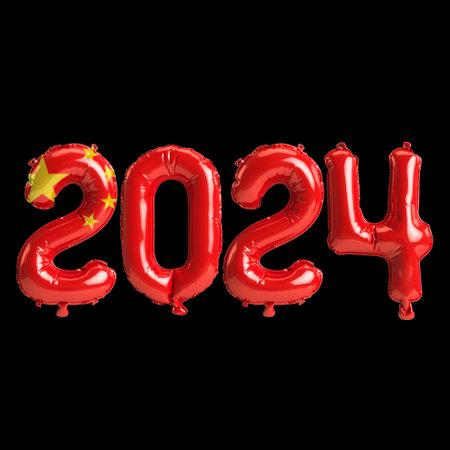 3d illustration of letter about new year 2024 with balloons on color China flagの写真素材