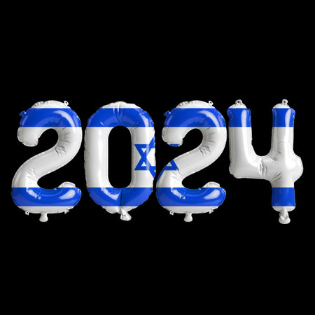 3d illustration of letter about new year 2024 with balloons on color Israel flagの写真素材