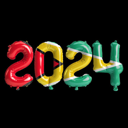 3d illustration of letter about new year 2024 with balloons on color Guyana flagの写真素材