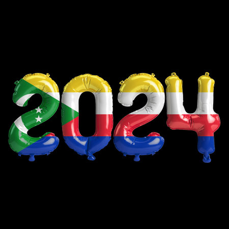 3d illustration of letter about new year 2024 with balloons on color Comoros flagの写真素材