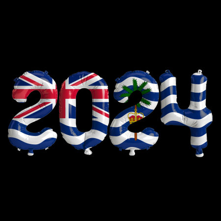 3d illustration of letter about new year 2024 with balloons on color Commissioner of the British Indian Ocean Territory flagの写真素材