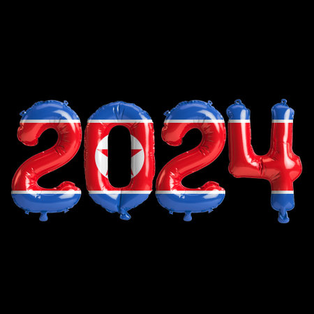 3d illustration of letter about new year 2024 with balloons on color North Korea flagの写真素材