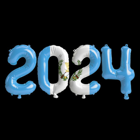 3d illustration of letter about new year 2024 with balloons on color Guinea flag