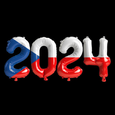 3d illustration of letter about new year 2024 with balloons on color Czech flagの写真素材