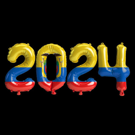 3d illustration of letter about new year 2024 with balloons on color Ecuador flagの写真素材
