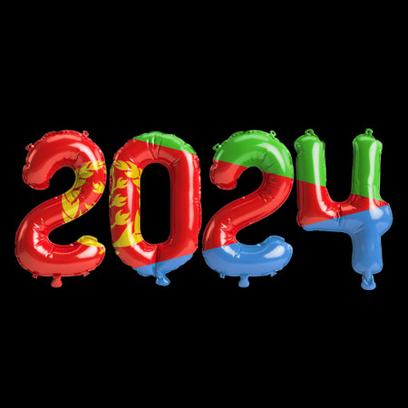 3d illustration of letter about new year 2024 with balloons on color Eritrea flagの写真素材