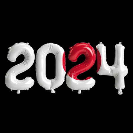 3d illustration of letter about new year 2024 with balloons on color Japan flagの写真素材