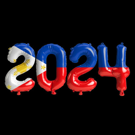 3d illustration of letter about new year 2024 with balloons on color Philippines flagの写真素材