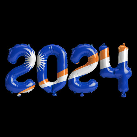 3d illustration of letter about new year 2024 with balloons on color Marshall Islands flagの写真素材