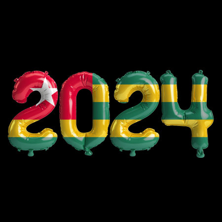 3d illustration of letter about new year 2024 with balloons on color Togo flagの写真素材
